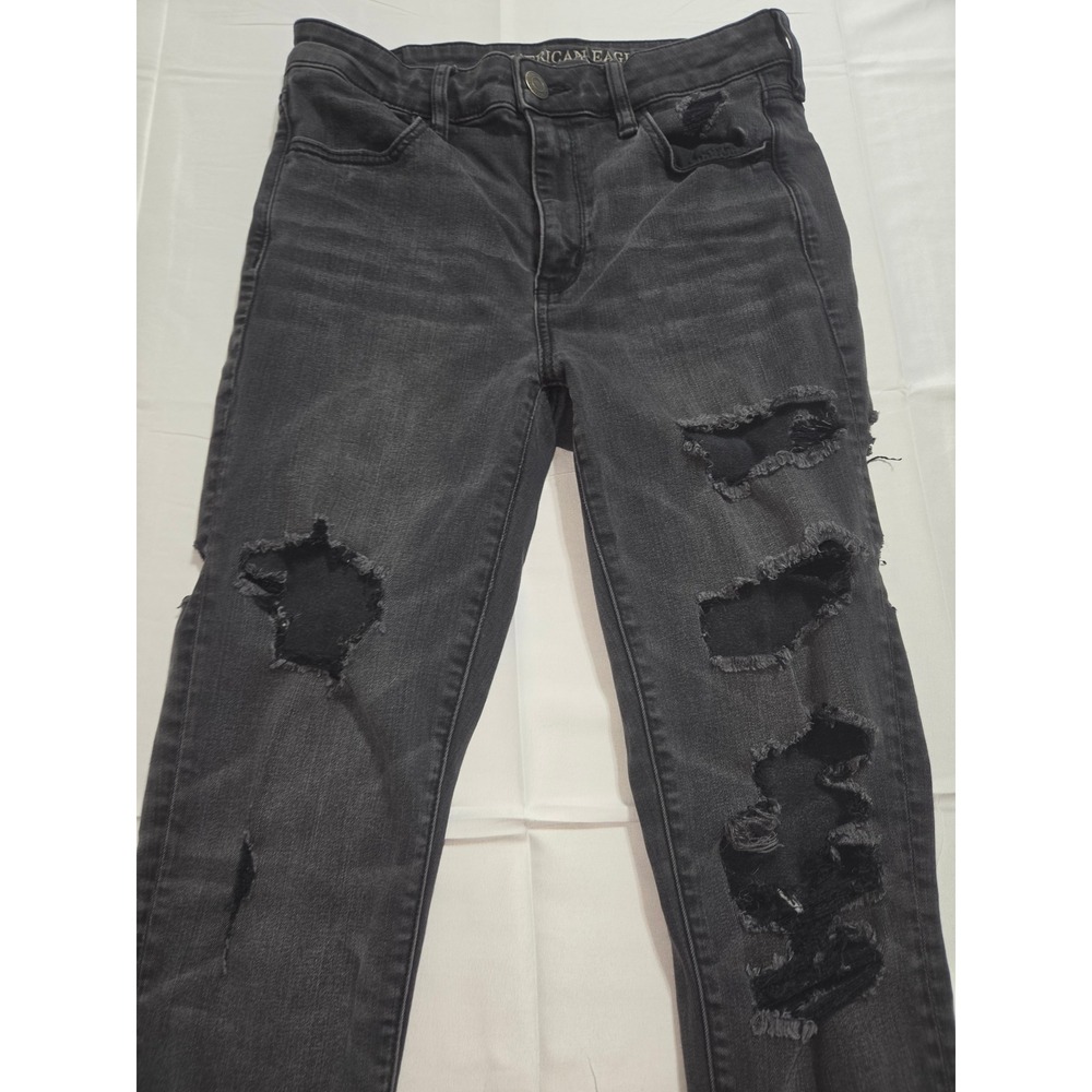 American Eagle Hi-Rise Jegging Black Distressed Jeans Raw Hem Size 10 Regular